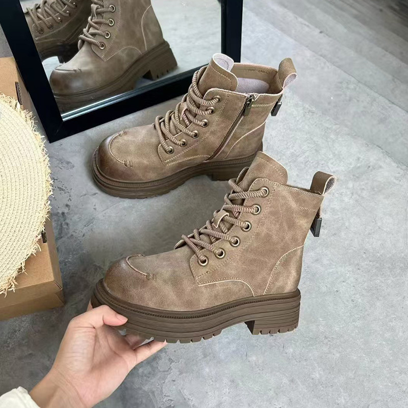 真皮复古机车马丁靴女圆头厚底工装英伦风大黄短靴2024年秋季新款