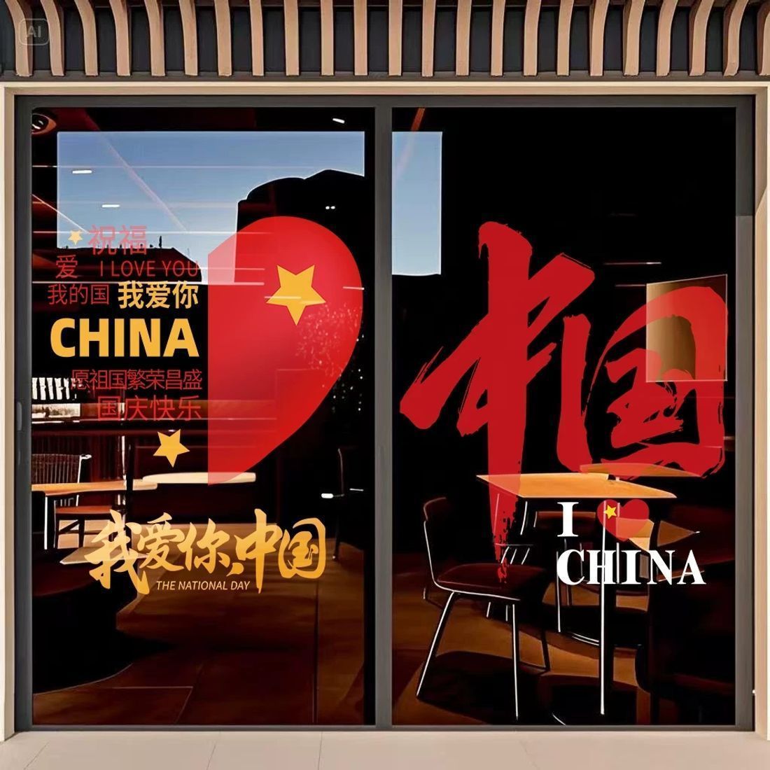 国庆节氛围布置窗花十一装饰我爱你中国玻璃门贴纸橱窗静电窗贴画