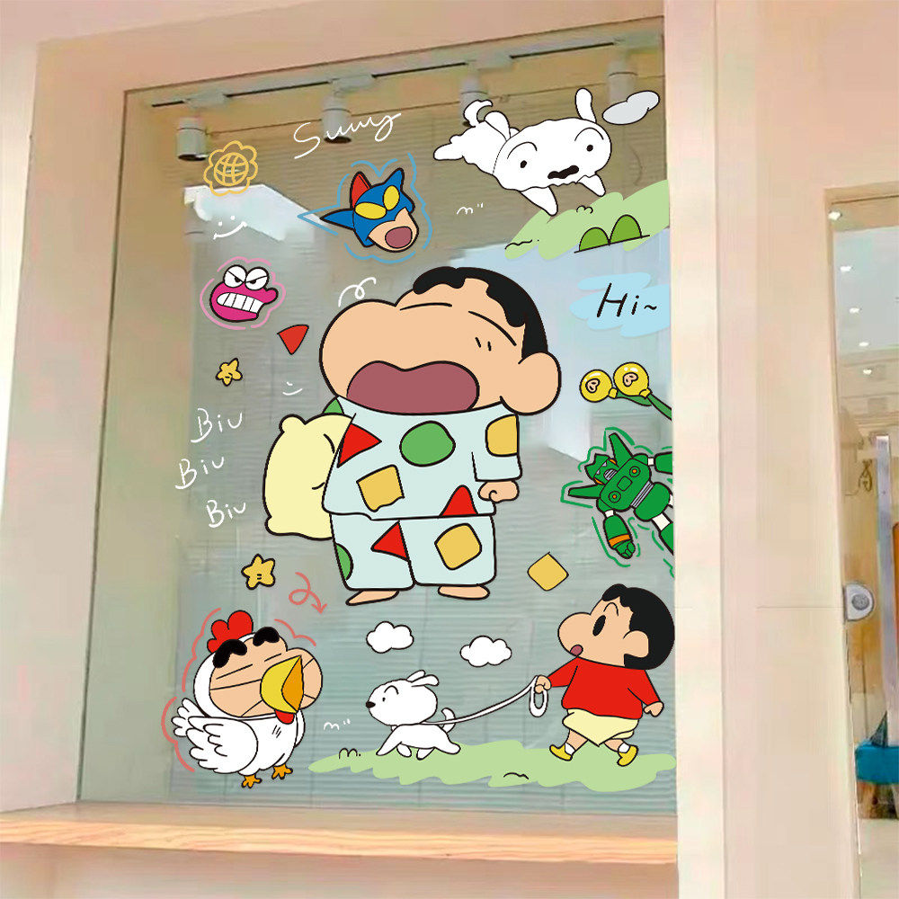 ins风蜡笔小新墙贴纸可爱搞笑卡通动漫透明玻璃橱窗贴画店铺装饰