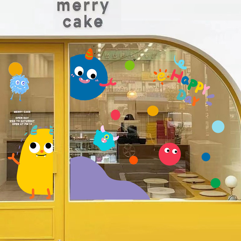 ins卡通创意贴画小怪兽镜子贴店铺静电贴玻璃贴纸幼儿园装饰窗花,家居饰品,软装墙贴,淘宝优惠券,粉丝福利购,淘宝优惠卷