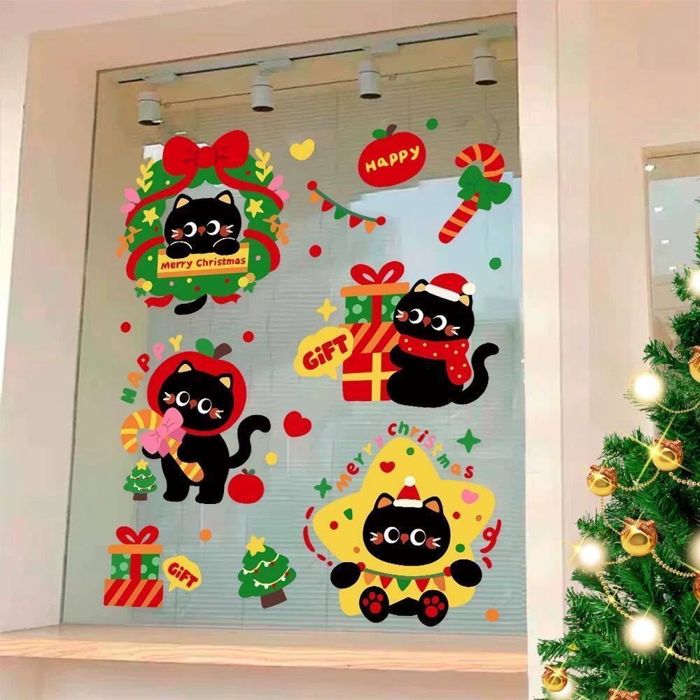 2027圣诞节装饰品卡通猫咪新年布置店铺橱窗贴玻璃门贴纸静电贴画