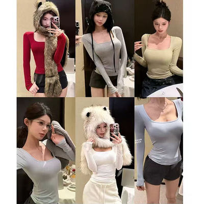 方领简约修身长袖T恤上衣带胸垫