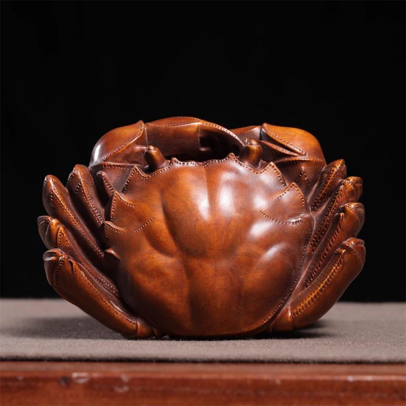 旧藏小叶黄杨木雕八方来财公母螃蟹古玩办公室桌面摆件家居装饰品