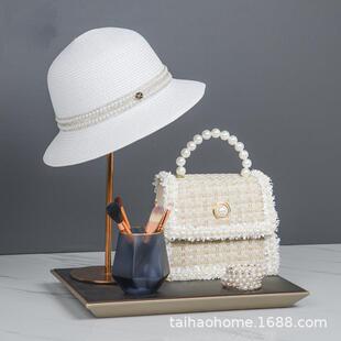 样板房装饰品摆件女士衣帽间礼帽梳妆台化妆道具衣柜展厅托盘组合