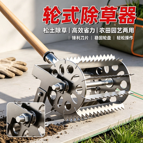 轮式除草松土神器高效省力手动滚轮式工具锄草多功能农用松土耙子