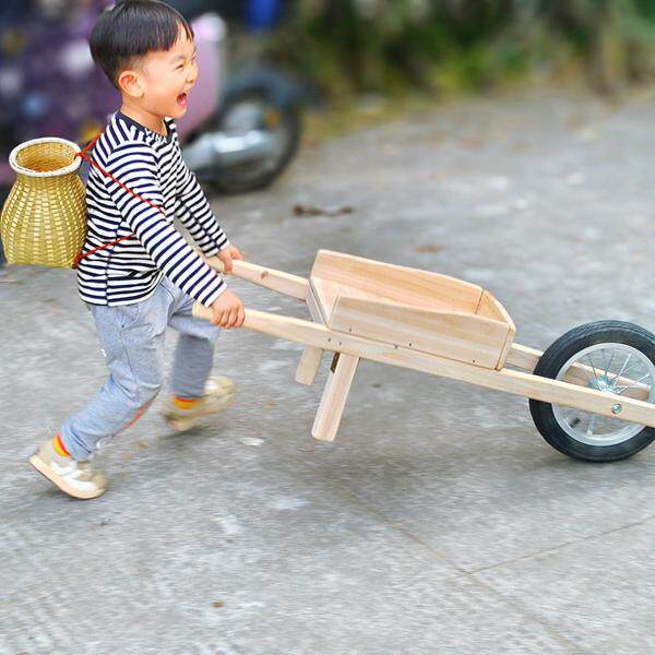 木制带斗手推车独轮车大轮子木头玩具车幼儿园儿童户外游戏器材