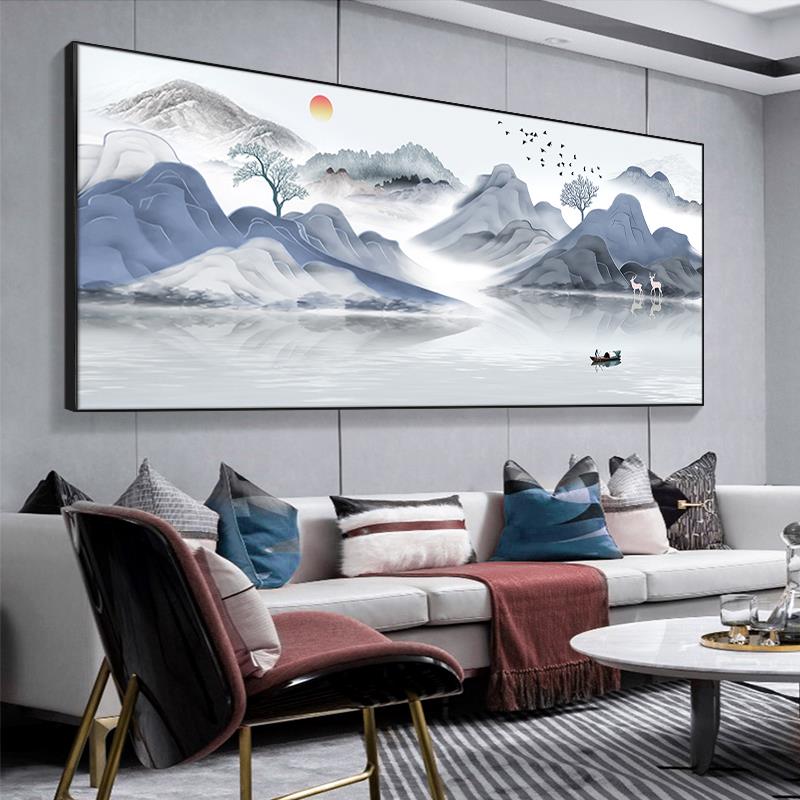 办公室山水画新中式客厅装饰画横幅水墨画沙发背景墙壁画茶室挂画