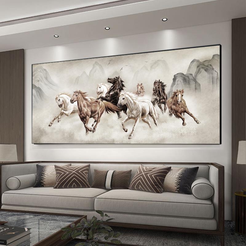 八骏图客厅挂画国画办公室沙发背景墙万马奔腾装饰画骏马图壁画图片
