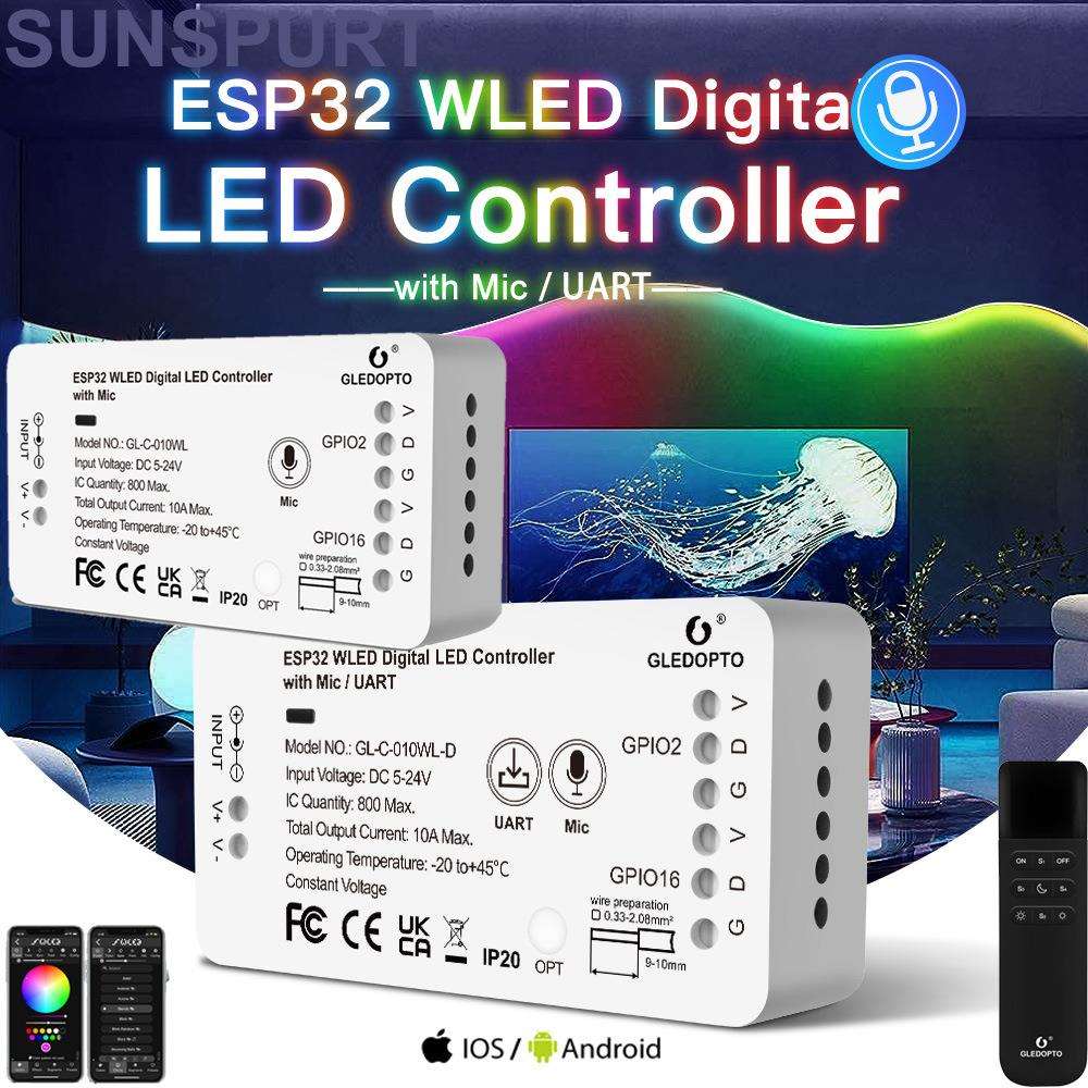 WLED 灯带条控制器 ESP32 带麦克风下载可寻址幻彩SPI LED 控制器