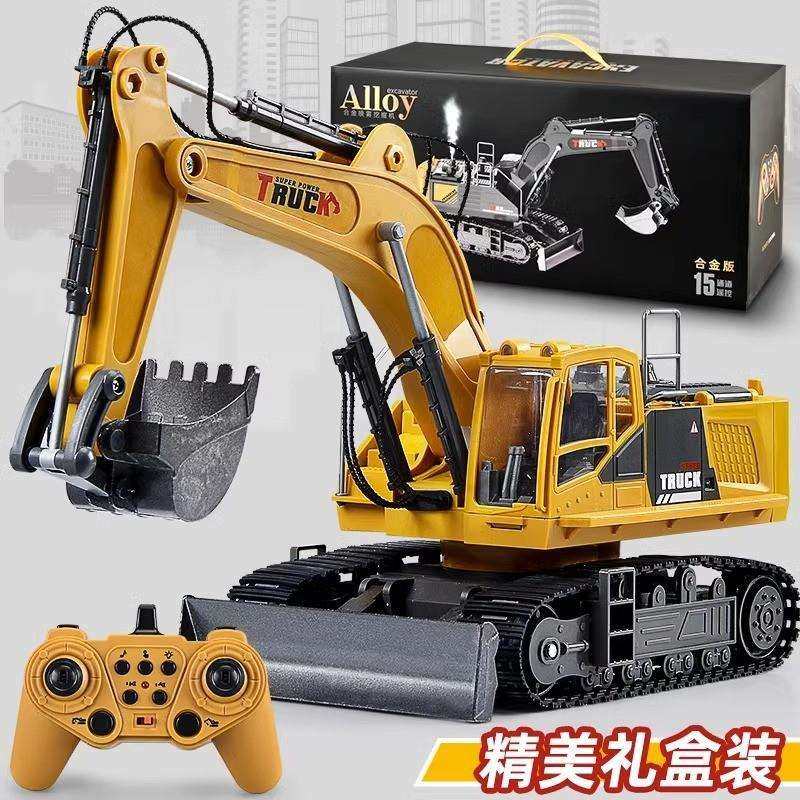 跨境大号儿童工程车合金遥控挖掘机玩具车仿真电动推土勾机挖土