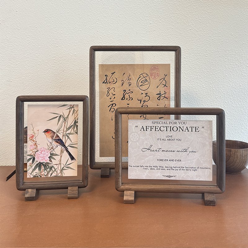 高级感实木黑胡桃木榫卯双面磁力6寸3寸相框摆台国画书法A4画框
