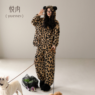 法兰绒加绒加厚珊瑚绒保暖家居服豹纹时尚 悦内睡衣女士秋冬季 冬款
