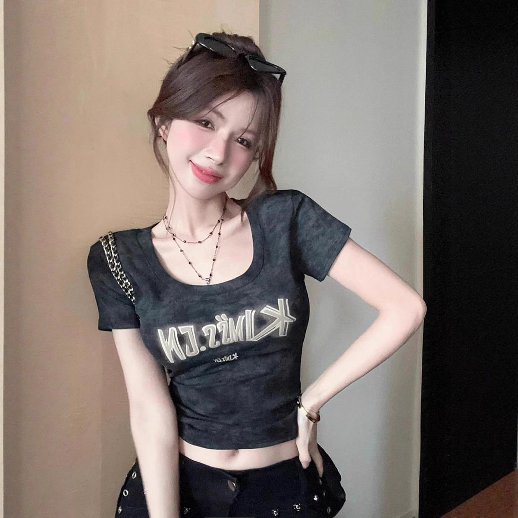 时尚百搭休闲短袖T恤女夏季欧货新款字母印花打底衫短款修身上衣图片