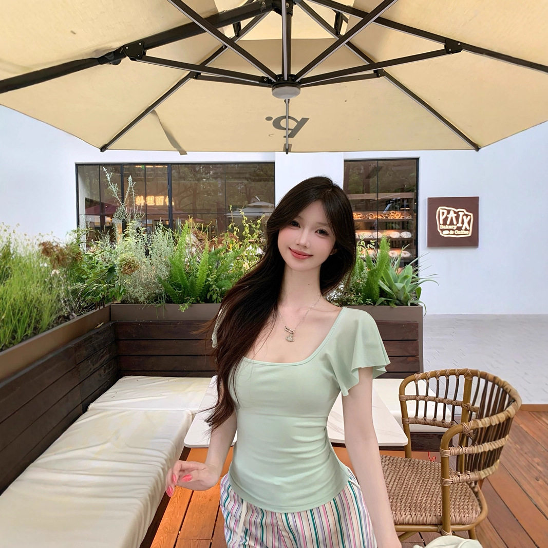纯欲白色方领小飞袖显瘦T恤图片