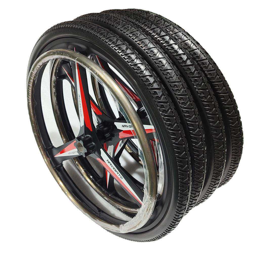 PU实心轮24寸 免充气铝合金带手推圈后轮 电动代步车轮椅三叉轮