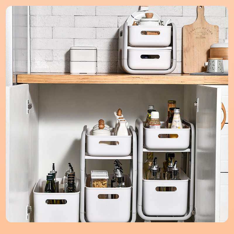 &oplus;百露厨房下水槽置物架双层收拉式橱柜收纳盒调料瓶架收纳筐整理