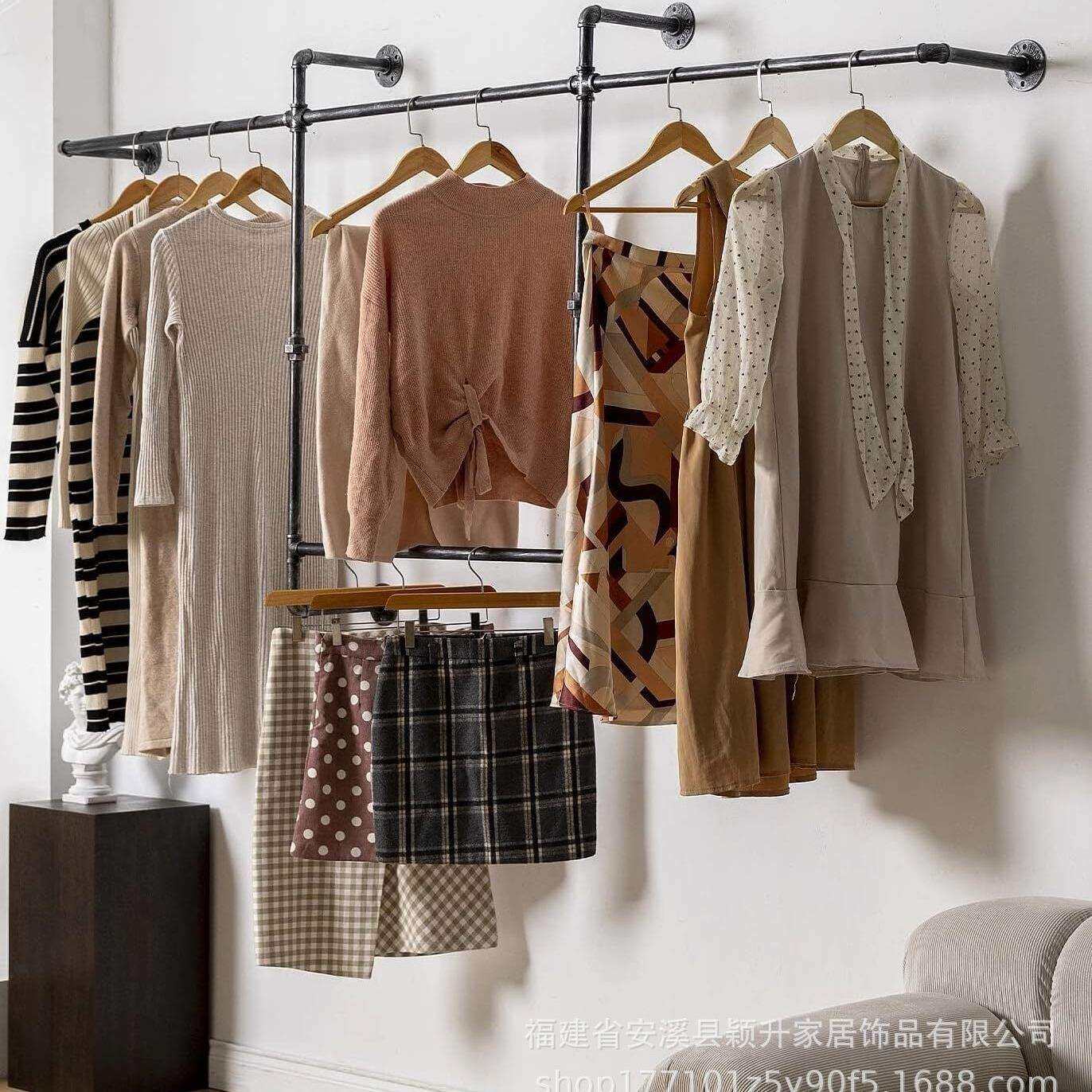 跨境工业风管道衣帽架服装店上墙服装展示架金属可拆装置物衣帽架