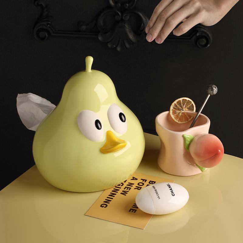 创意解压陶瓷纸巾盒客厅家用可爱卡通鸭梨纸巾盒床头柜家居装饰品