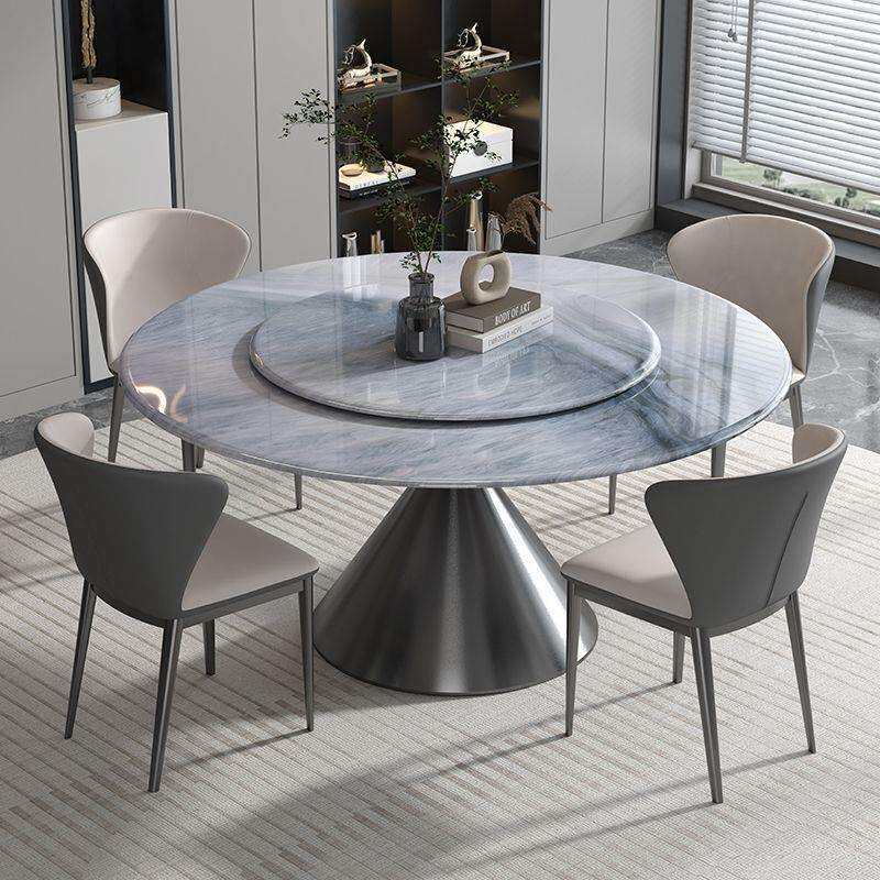 现代圆形超晶石餐桌椅组合家用小户型岩板饭桌微晶石大理石送转盘