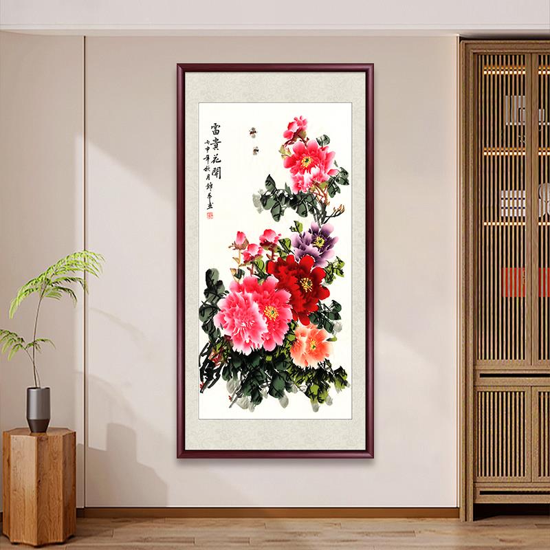 花开富贵入户玄关装饰画手绘新中式牡丹图花鸟国画客厅挂画壁画
