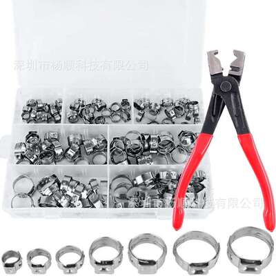 跨境130pcs盒装 304不锈钢单耳无极卡箍5.8-21mm组合套装配卡箍钳