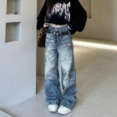 弟弟同款 美式 高街泼墨印花牛仔裤 JADEQILIN 潮流做旧长裤 男女