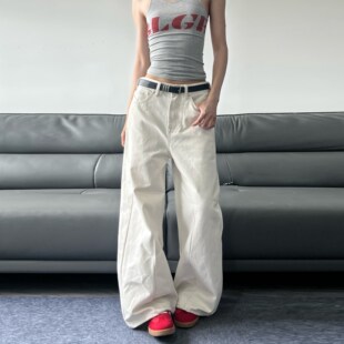 JADEQILIN美式结构拼接设计感白色牛仔裤男女宽松阔腿cleanfit裤