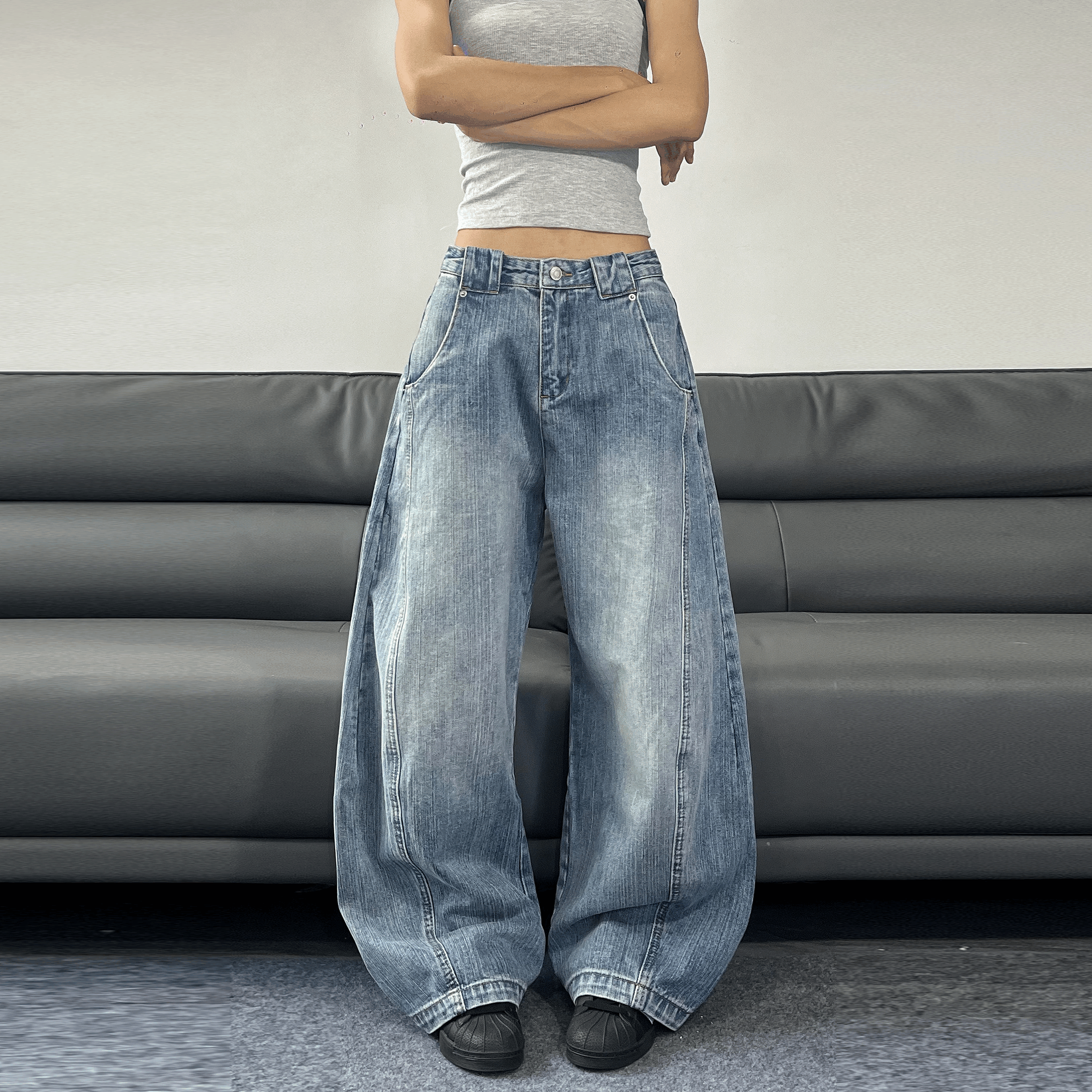 JADEQILIN竹节解构宽松弯刀牛仔裤美式复古水洗阔腿新款休闲裤