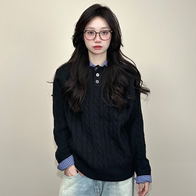 JADEQILIN针织衫假老钱风上衣秋冬复古拼接麻瓜男女同款毛衣