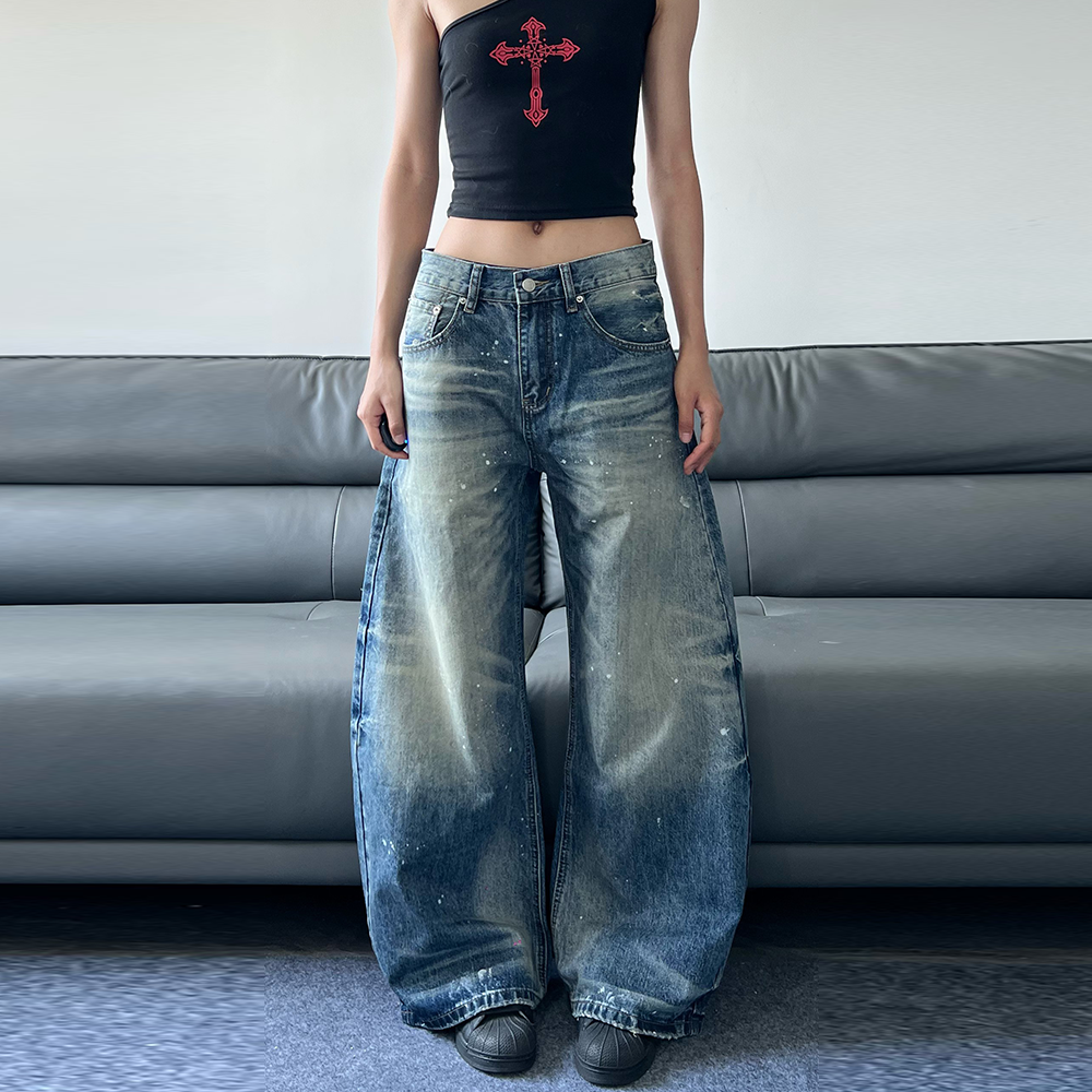 JADEQILIN美式复古水洗泼墨弯刀蓝牛仔裤男女设计感宽松阔腿裤子