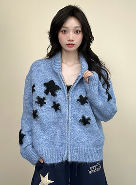 JADEQILIN花朵蓝色毛衣翻领开衫宽松弹力加厚慵懒休闲提花外套