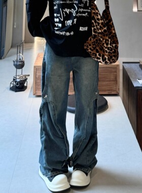 JADEQILIN小众原创做旧水洗设计感解构飘带拼接牛仔裤直筒裤男女