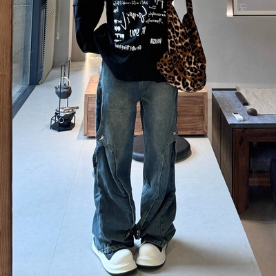 JADEQILIN小众原创做旧水洗设计感解构飘带拼接牛仔裤直筒裤男女