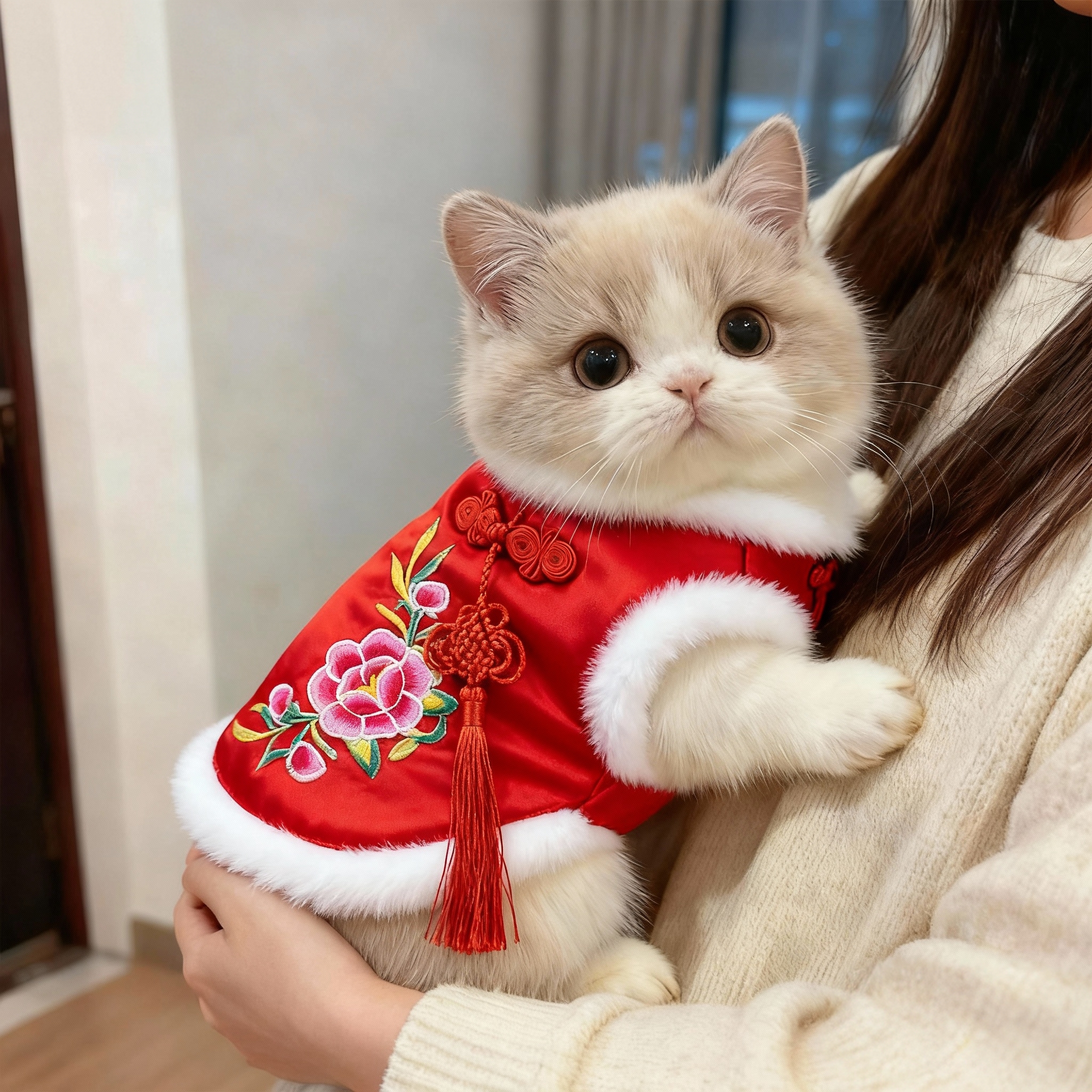 猫咪衣服冬季保暖喜庆牡丹唐装英短布偶新年过年加厚狗狗比熊棉袄
