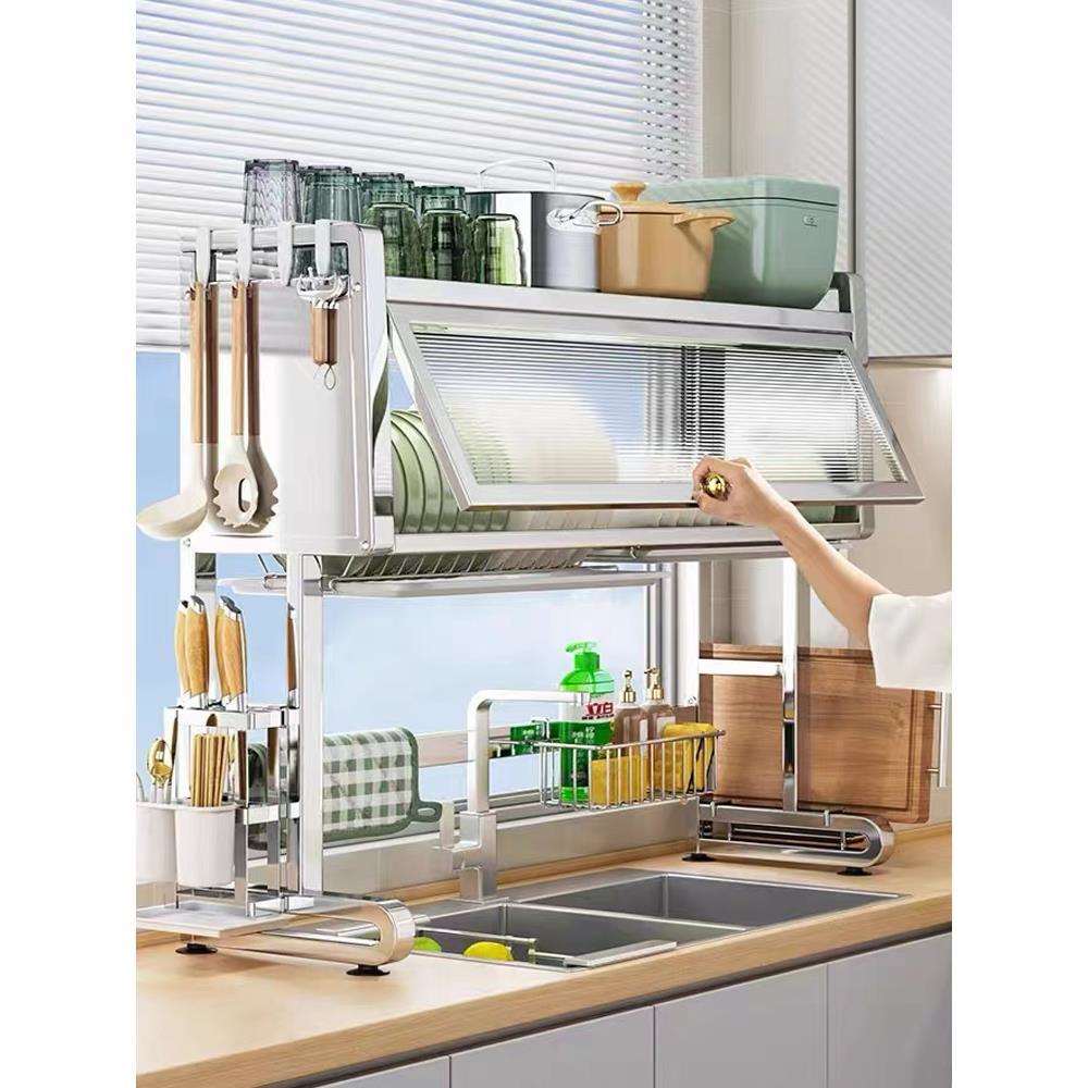 304不锈钢厨房水槽置物架水池上方碗碟碗盘收纳架碗柜带门沥水架