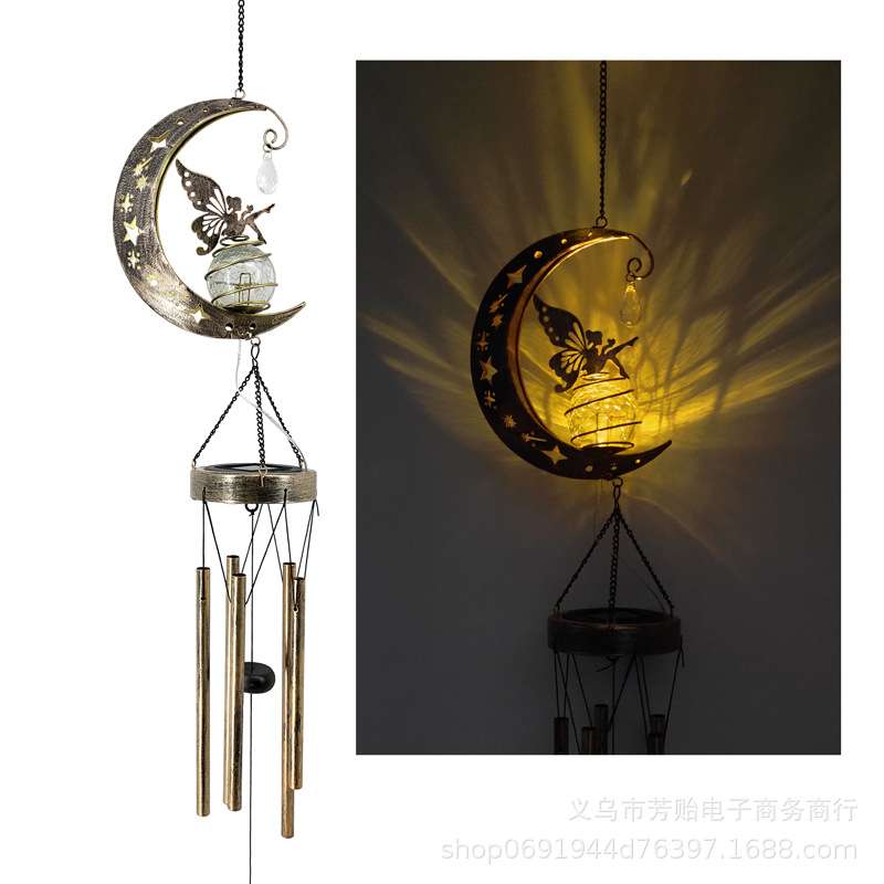 跨境新款太阳能风铃灯景观装饰带珠子月亮仙女灯户外防水风铃灯