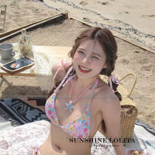 极速Sunshine Lolita夏日彩色小花褶J皱比基尼小胸聚拢ins泳衣温