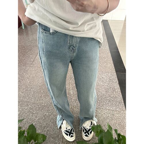 新品浅蓝色开叉牛仔裤女秋季新款胖妹妹mm高腰宽松显X瘦直筒阔腿