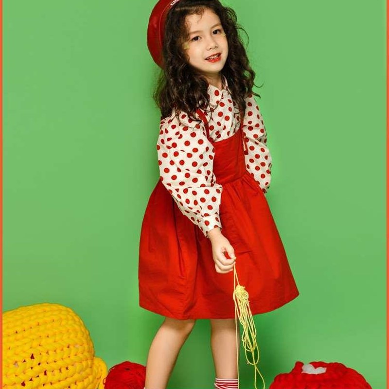 极速笛牧女童g连衣裙2022秋装新款洋气学院风两件套装儿童波点背