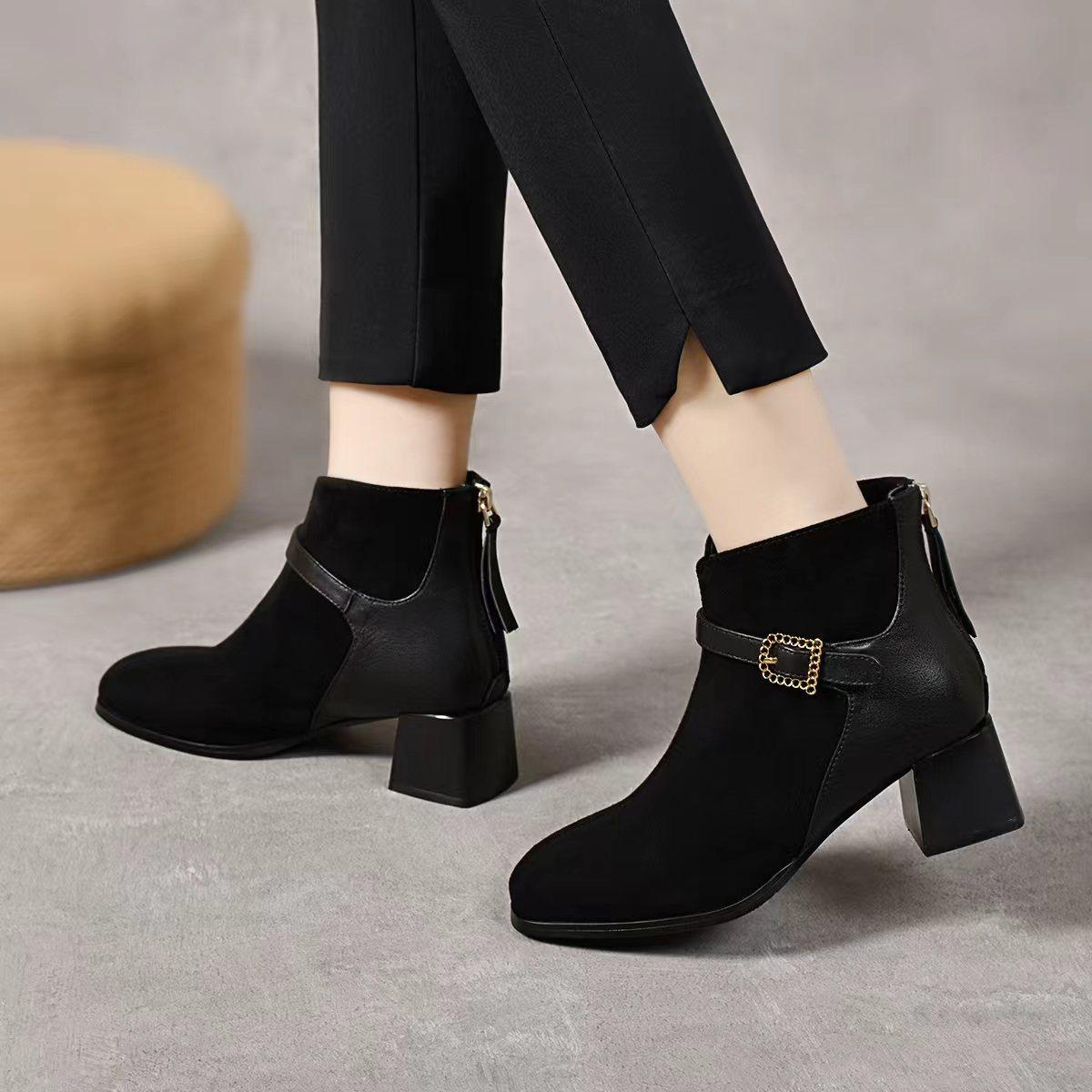 短靴女2025秋冬新款皮带扣后拉链粗跟时装靴小众个性欧美风女皮靴,女鞋,时装靴,淘宝优惠券,粉丝福利购,淘宝优惠卷