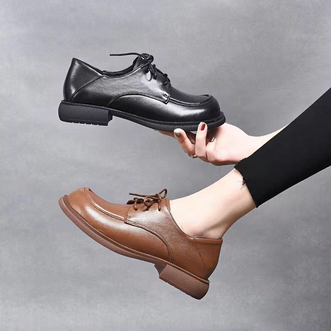 女单鞋英伦风平底小皮鞋2023春季新款圆头头层牛皮系带舒适低帮鞋,女鞋,时尚休闲鞋,淘宝优惠券,粉丝福利购,淘宝优惠卷