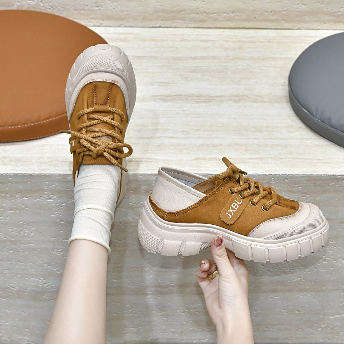 厚底小白鞋女2024秋季韩版拼色系带小单鞋一鞋两穿乐福鞋实体专供,女鞋,时尚休闲鞋,淘宝优惠券,粉丝福利购,淘宝优惠卷