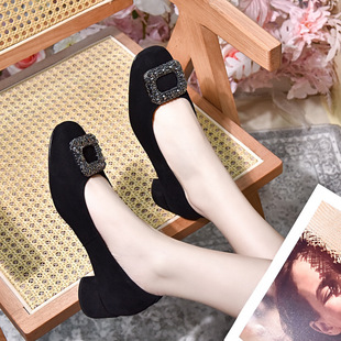 圆头浅口单鞋女2024春季新款水钻方扣乐福鞋黑色羊皮低跟套脚女鞋