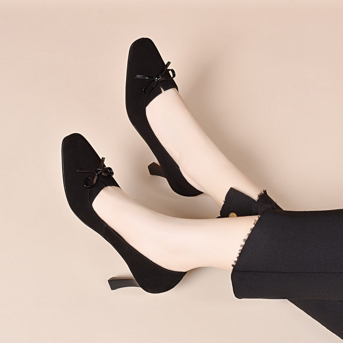 小方头高跟鞋女2025春季简约气质黑色细跟时装鞋蝴蝶结浅口女单鞋,女鞋,浅口单鞋,淘宝优惠券,粉丝福利购,淘宝优惠卷