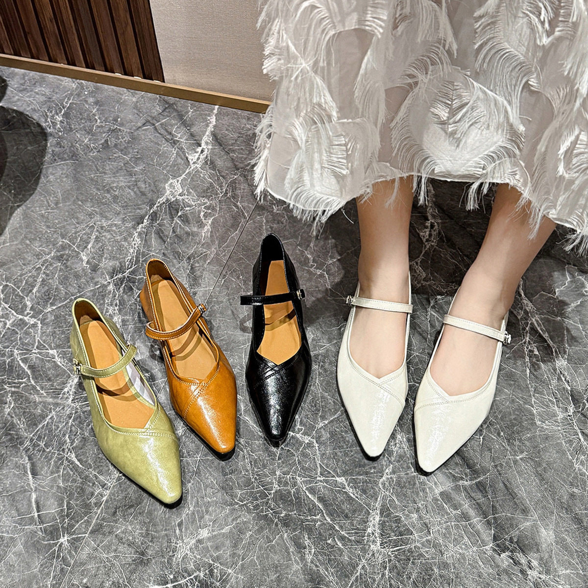 尖头玛丽珍鞋2025春季韩版低跟浅口一字扣糖果色平底鞋羊皮女单鞋,女鞋,乐福鞋（豆豆鞋）,淘宝优惠券,粉丝福利购,淘宝优惠卷
