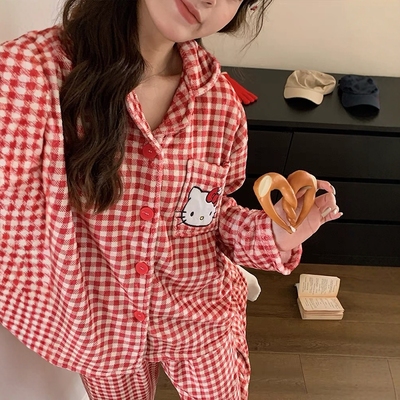 红色格子HelloKitty珊瑚绒睡衣女