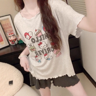 HelloKitty猫莫代尔睡衣女款 夏季 短袖 圆领带胸垫可外穿家居服套装