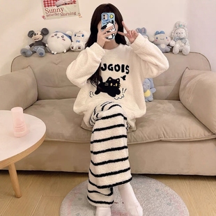 半边绒睡衣女款冬季加厚加绒珊瑚绒可爱小猫学生套装家居服可外穿