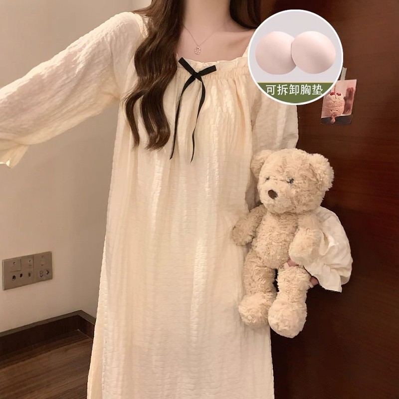 睡裙女春秋款带胸垫长袖2024新款夏天中长款可爱高级感睡衣家居服