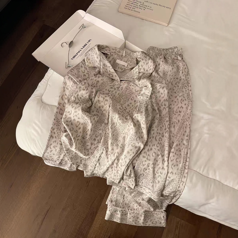 韩系甜美不规则豹纹睡衣女春秋